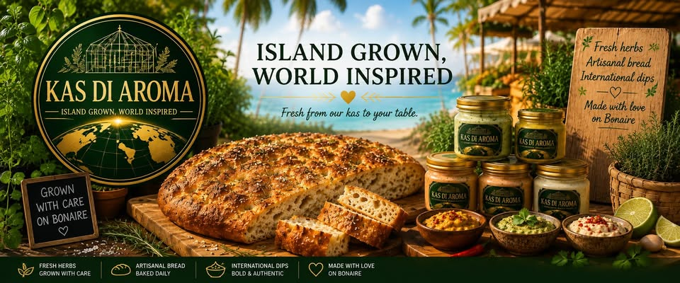 Kas di AROMA met focaccia, kruiden en internationale dips aan zee op Boneiru