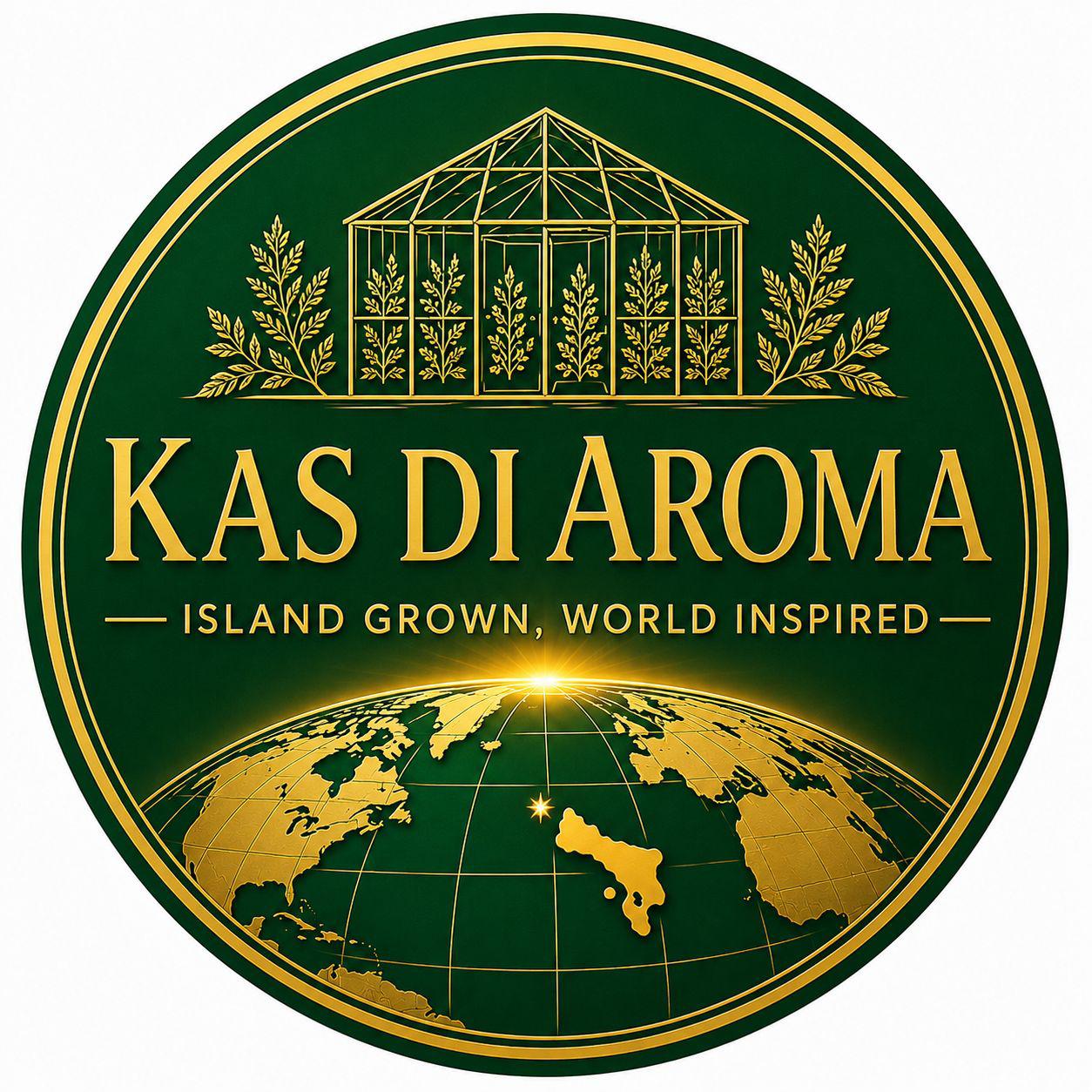 Rond donkergroen en goud logo van Kas di AROMA
